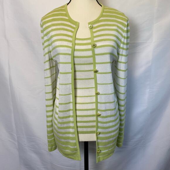 St. John Women’s Key Lime Striped Knit Cardigan Sweater and Tank 2 Piece Set - Picture 1 of 14